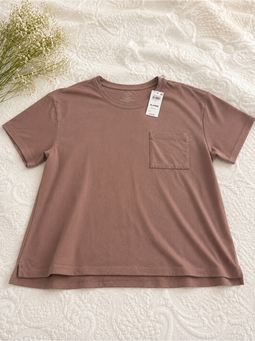 Ribbed Short-Sleeve Pocket Tee — Dusty Mauve